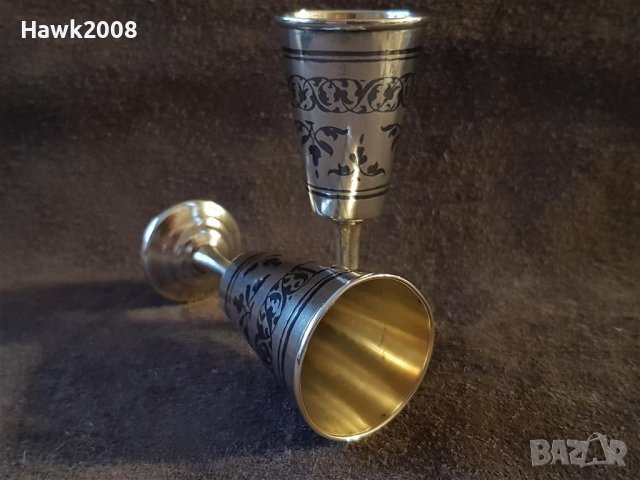 Сребърни сребро с позлата и ниело чифт руски перфектни чашки чаша, снимка 5 - Антикварни и старинни предмети - 39567516