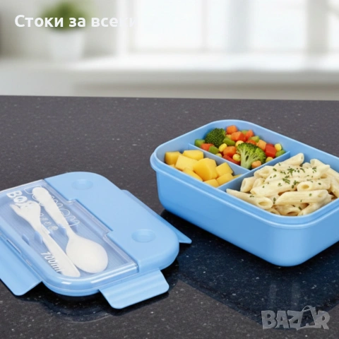 Кутия за обяд Cheffinger с 3 отделения, вилица и лъжица – компактна кутия за храна, снимка 2 - Кутии за храна - 53258176