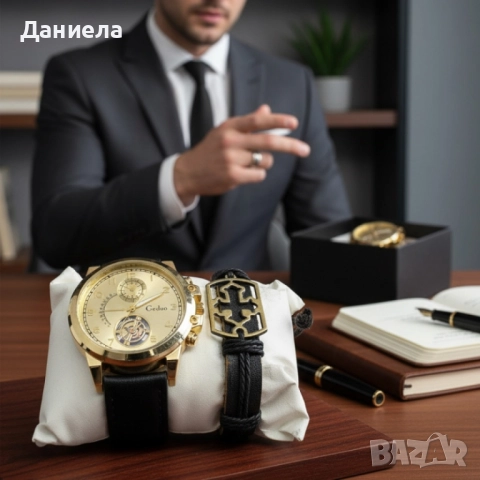 Елегантен мъжки комплект – часовник с черна каишка и гривна с метален щит, снимка 2 - Мъжки - 51932878