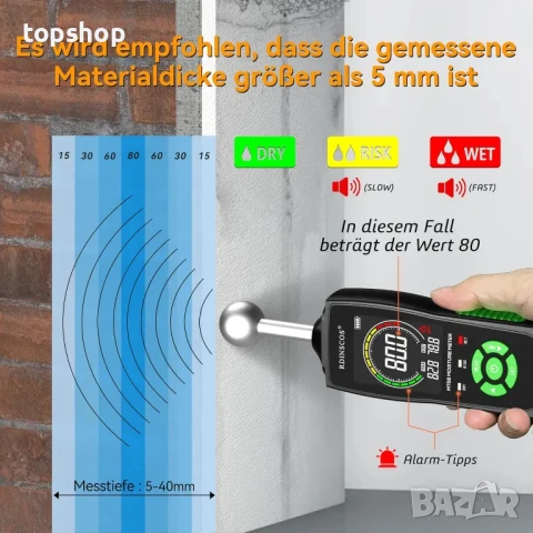 НОВ влагомер за стена RDINSCOS, зидария, дърво, замазка, бетон, мазилка с топка, снимка 2 - Измервателни инструменти - 50556225