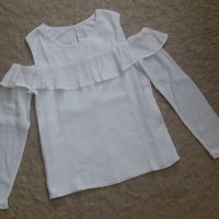 Бяла блуза с отворени рамене и къдрички над бюста, снимка 1 - Ризи - 42806380