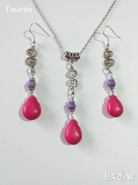 Новият ни красив комплект бижута с розов и пурпурен Тюркоаз и нежни орнаменти в цвят Сребро , снимка 1
