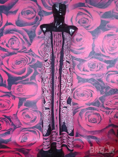Цикламено-черно-розова дълга лятна рокля бюстие С/М, снимка 1