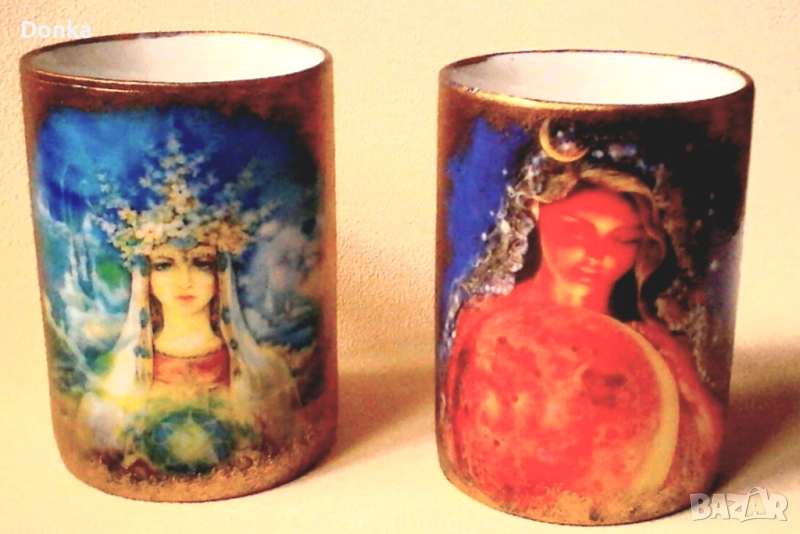 Двойка ръчно рисувани уникатни чаши "Богините на Деня и Нощта", снимка 1