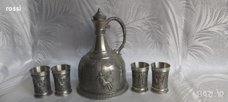 Vintage. Нов немски калаен сервиз за ракия, мотив "Lindenwirtin", снимка 1