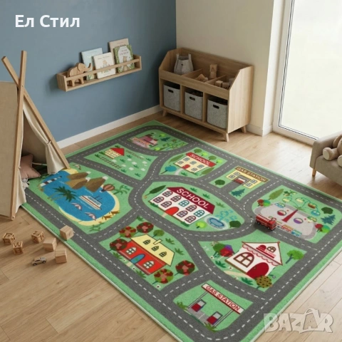 Детски килим за игра 120х160см - Зелен килим с училище и пътища, противоплъзгащ и миещ се, снимка 5 - Други - 53928210