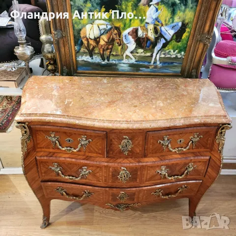 Античнен голям комод с мраморен плот и инкрустирани орнаменти, снимка 6 - Скринове - 48391808