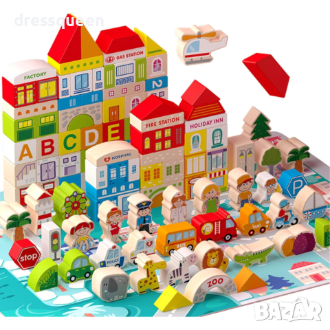 4123 Дървени Блокчета - Комплект от 120 части с Кофа за Съхранение, снимка 4 - Игри и пъзели - 44612944