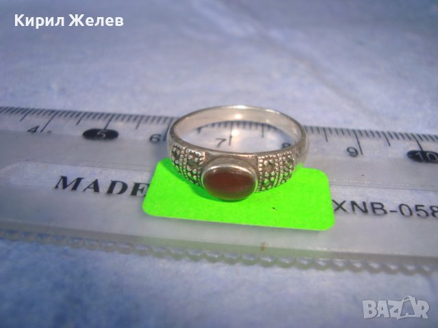 СТАРИНЕН СРЕБЪРЕН с ЧЕРВЕН КЕХЛИБАР АРТ ДЕКО ПРЪСТЕН СРЕБРО 925 с 3 МАРКИРОВКИ и МАРКАЗИТИ 27192, снимка 3 - Антикварни и старинни предмети - 36869057