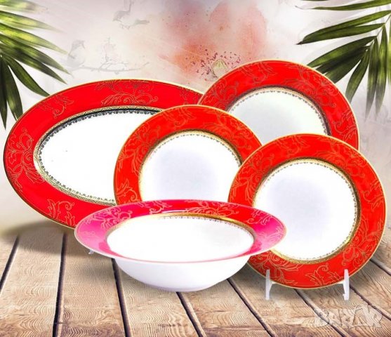 Червен сервиз за хранене от иновативен, костен порцелан за съдомиялна машина, снимка 4 - Сервизи - 28275724