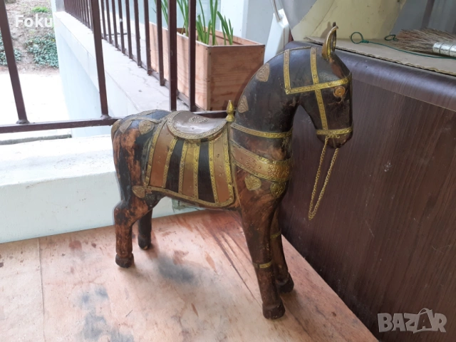 Старо антикварно дървено конче с месинг статуетка фигура кон, снимка 3 - Антикварни и старинни предмети - 54220561