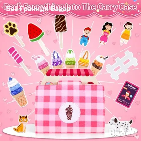 Нова Дървена Играчка за Кухня с 39 части - Сладоледен Комплект за Деца 3+, снимка 8 - Образователни игри - 47523696