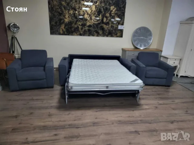 Сив комплект от плат набук диван тройка с функция сън и два фотьойла, снимка 8 - Дивани и мека мебел - 50886856