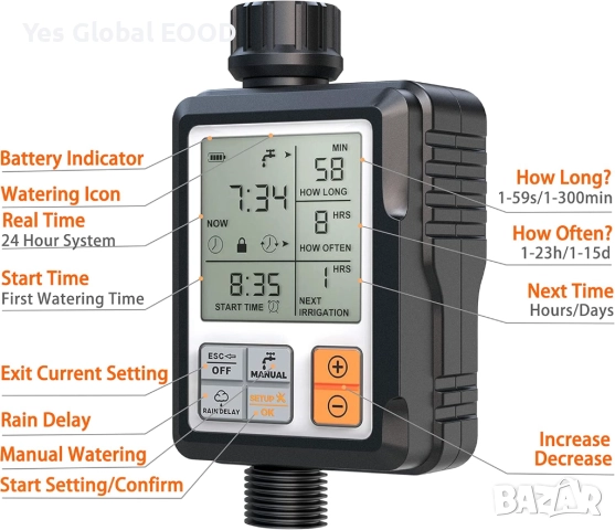 CROSOFMI Напоителен компютър с голям дисплей, Rain Delay и Child Lock, снимка 3 - Друга електроника - 51592899