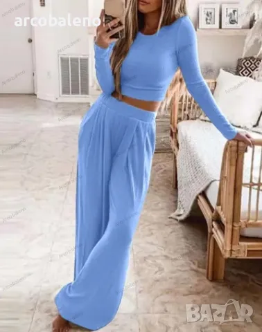 Едноцветен дамски плетен ежедневен домашен комплект от две части, 6цвята , снимка 2 - Комплекти - 48170119