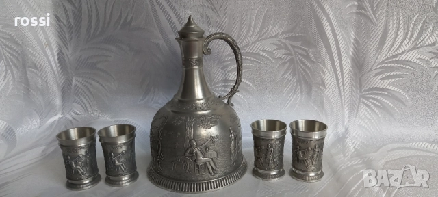 Vintage. Нов немски калаен сервиз за ракия, мотив "Lindenwirtin"