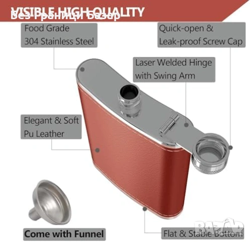 Нова Кожена манерка от неръждаема стомана с фуния и 2 шота идеален подарък за мъж, снимка 3 - Подаръци за мъже - 54101126