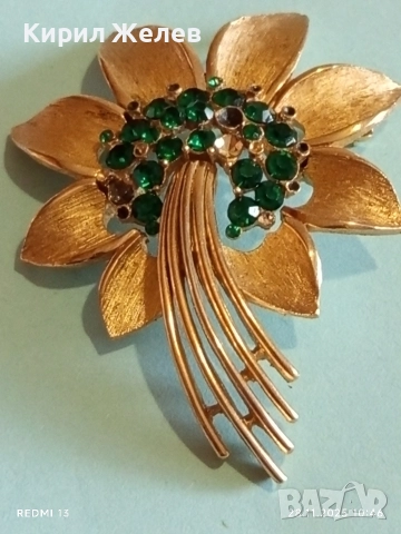 Брошка с златист тон във формата на цвете със ЗЕЛЕН ИЗУМРУД 31904, снимка 5 - Други - 52570626