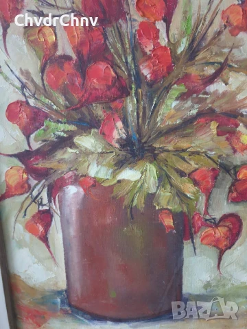 70х40см/стара голяма картина масло върху платно/натюрморт ваза с цветя/китайски фенери/дървена рамка, снимка 4 - Картини - 51192515