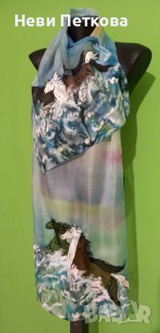 Рисуван копринен шал ВИХРОГОНИ, снимка 3 - Шалове - 37835199