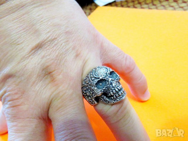 рокерски зверски солиден мъжки сребърен пръстен с Череп и цветя  за пичове и моторджий, снимка 5 - Пръстени - 37856266