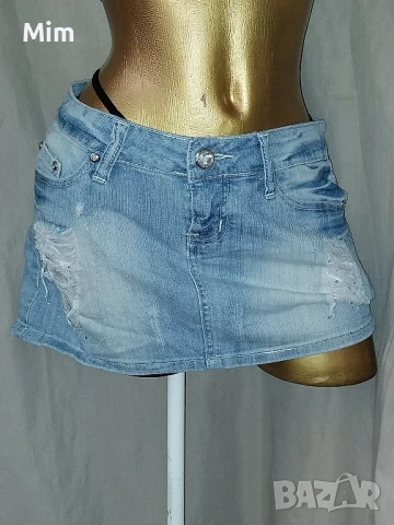 L Светло синя,дънкова, накъсана къса пола с камъчета , снимка 2 - Поли - 51073174