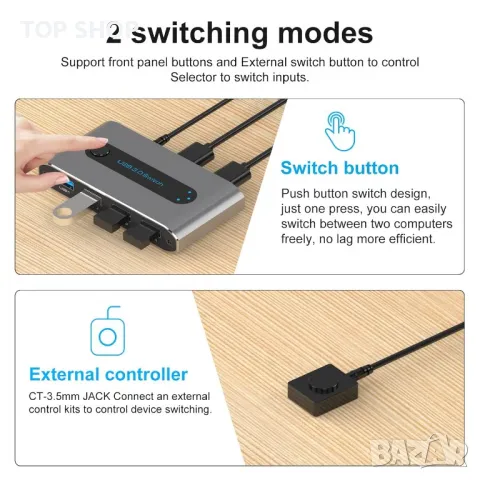 VEDINDUST USB 3.0 превключвател за 2 компютъра споделяне на 4 USB 3.0 устройства, снимка 5 - Кабели и адаптери - 49636753