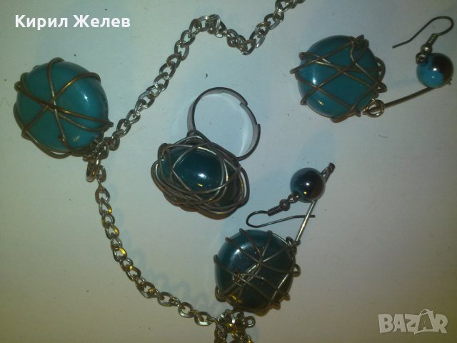 АРТ ХЕНД МЕЙД ПРЪСТЕН ОБЕЦИ КОЛИЕ СИНИ КАМЪНИ 7747, снимка 4 - Бижутерийни комплекти - 29721288