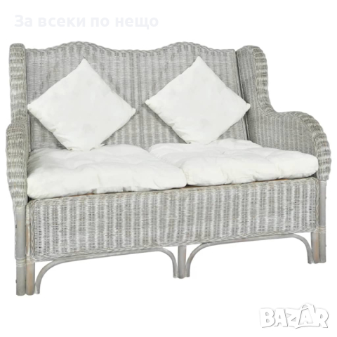 2-местен диван, сив, естествен ратан и лен, снимка 4 - Дивани и мека мебел - 44679172