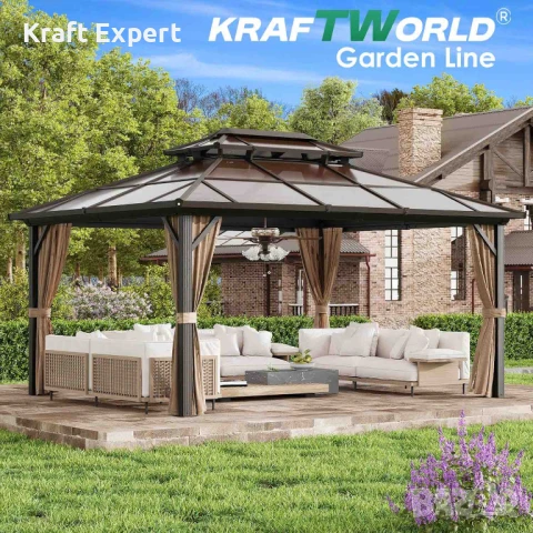 Луксозна Шатра KraftWorld Tenerife – 3×4 м с Твърд Покрив,Мрежа и Завеси, снимка 13 - Градински мебели, декорация  - 51206305