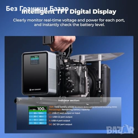 Нова K&F Concept Мини V-Mount батерия 99Wh PD100W USB-C D-TAP за камера, снимка 5 - Батерии, зарядни - 53917731