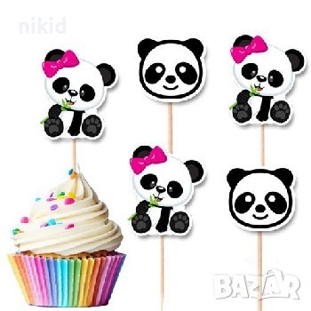 10 бр Панда мече мечета момиче с панделка топери клечки за мъфини декорация и украса