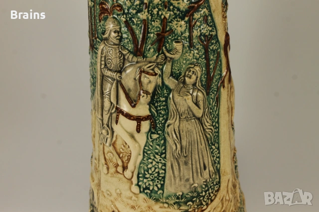 1900's Рицарът И Горска Фея Стара Немска Голяма Керамична Халба Релефна, снимка 6 - Антикварни и старинни предмети - 53167322