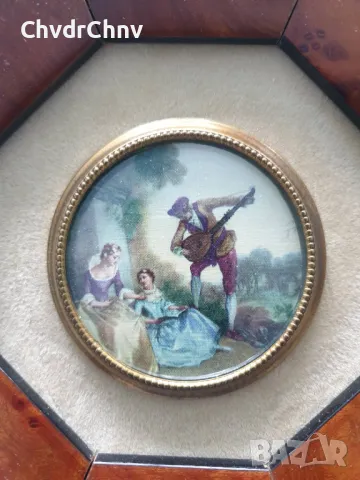 4бр малки кръгли картини/барокови миниатюри/картина в октагонална дървена рамка с интарзия 18см, снимка 7 - Картини - 50318736