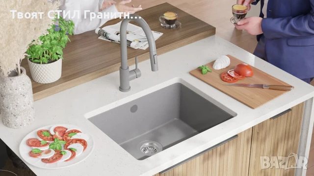 Сива кухненска мивка за вграждане под плот Венеция 60 560x440 мм, снимка 2 - Мивки - 50846742