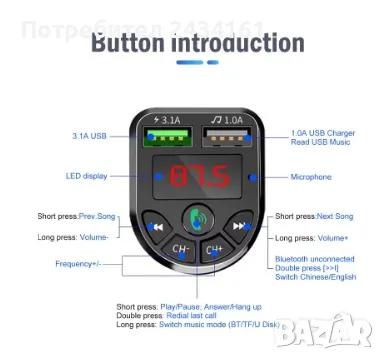 Волтметър Зарядно за кола, FM трансмитер, Bluetooth, снимка 3 - Аксесоари и консумативи - 48873491