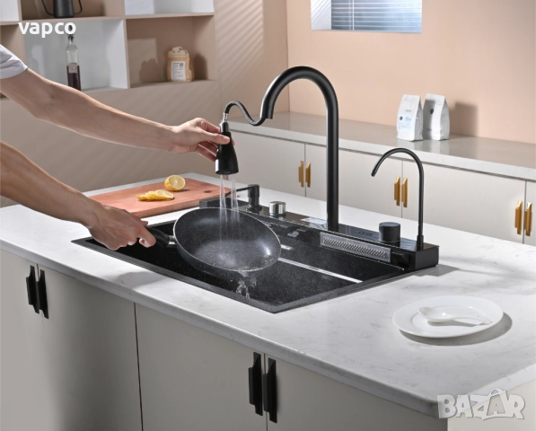 Черна мултифункционална кухненска мивка с двоен водопад , снимка 9 - Мивки - 52127972
