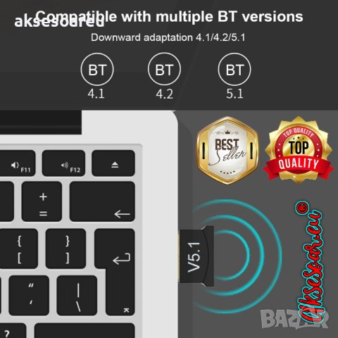 USB Bluetooth 5.1 адаптер Handsfree Безжичен Приемник предавател 2.4 GHz за Лаптоп PC мишка аудио бл, снимка 7 - Други - 40821318