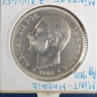 Монета Испания - 5 Песети 1885 г. Крал Алфонсо XII - Сребро, снимка 2 - Нумизматика и бонистика - 31664670