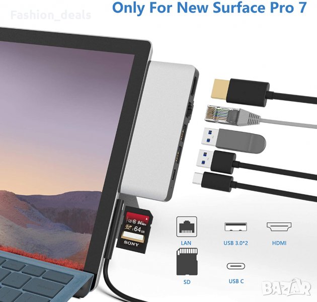 6 в 1 Докинг станция за Microsoft Surface Pro 7 комбиниран Адаптер Хъб Нов, снимка 1
