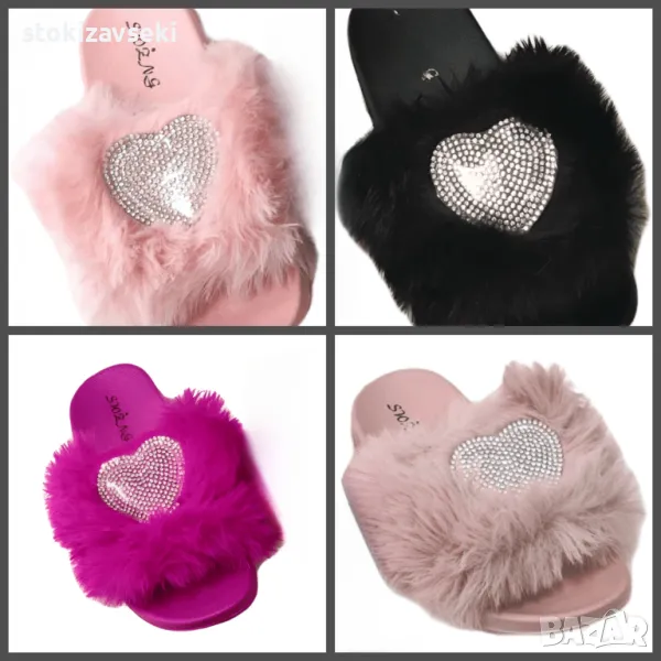Детски пухести чехли с блестящ акцент Сърце от камъчета, снимка 1