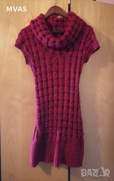 Дълъг пуловер рокля с яка червен S размер, снимка 1