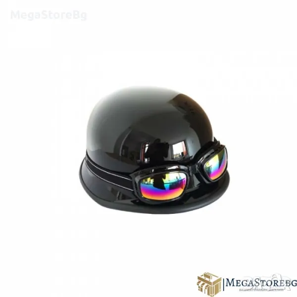 Ретро каска с очила тип немска - черен гланц, снимка 1