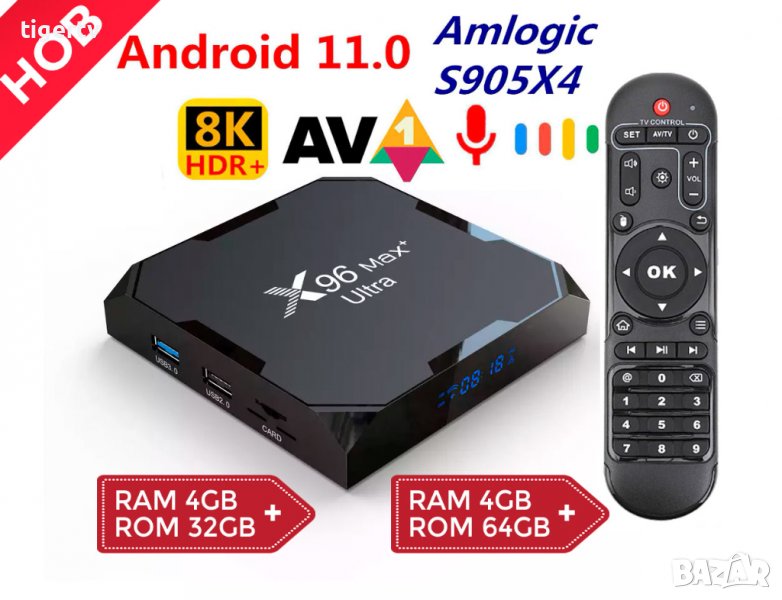 Най-нов Android TV Box X96 MAX+ ULTRA 32/64Gb S905X4 Android 11 Dual Band WiFi Гаранция 1г, снимка 1