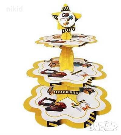 Строителни машини Превозни Средства Багер 3 етажна Триетажна поставка стойка мъфини картонена, снимка 1