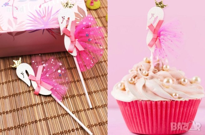 Лебед Фламинго с розов тюл топер на клечка украса декорация торта парти, снимка 1