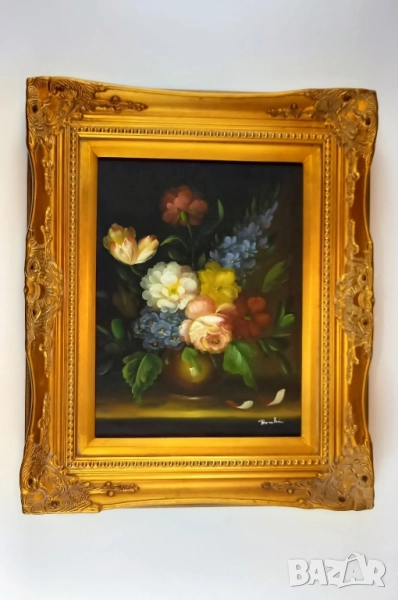 Картина - натюрморт с цветя в златиста барокова рамка, снимка 1