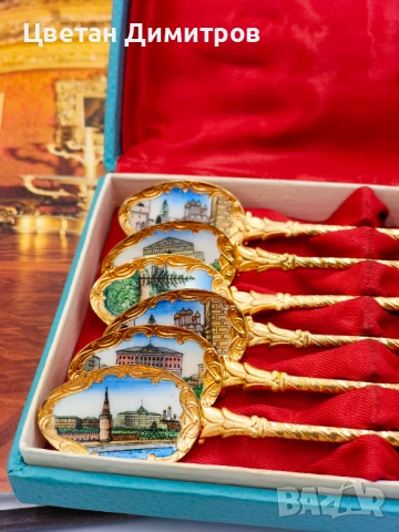 Винтидж руски емайлирани месингови лъжички за чай от 70-те години, снимка 3 - Антикварни и старинни предмети - 53012262