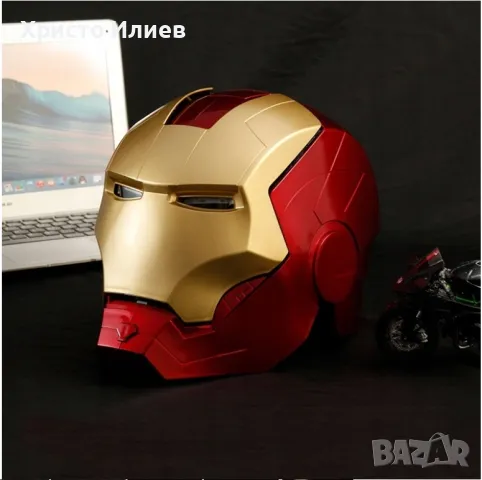 Маска Електронен шлем Marvel Legends Iron Man светещи очи Железния човек златно с червено, снимка 4 - Друга електроника - 49126839