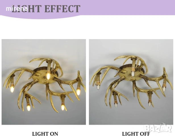 Таванна лампа полилей 5 лампи от еленови рога рустик селски, снимка 2 - Лампи за таван - 53225387